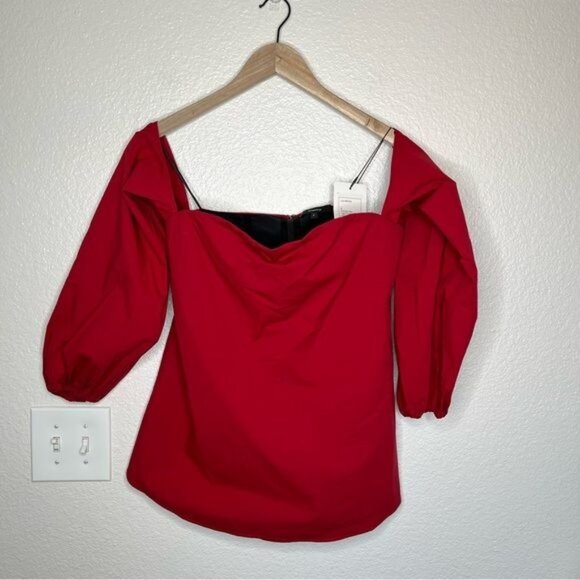 Theory Laurmeema crimson red off shoulder cotton top long sleeve blouse size 6 - Picture 2 of 12